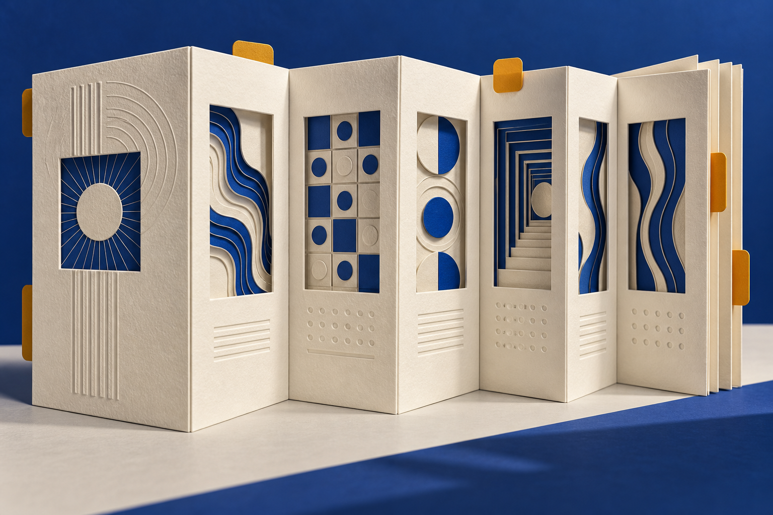 Accordion-fold paper booklet with windows revealing abstract patterns