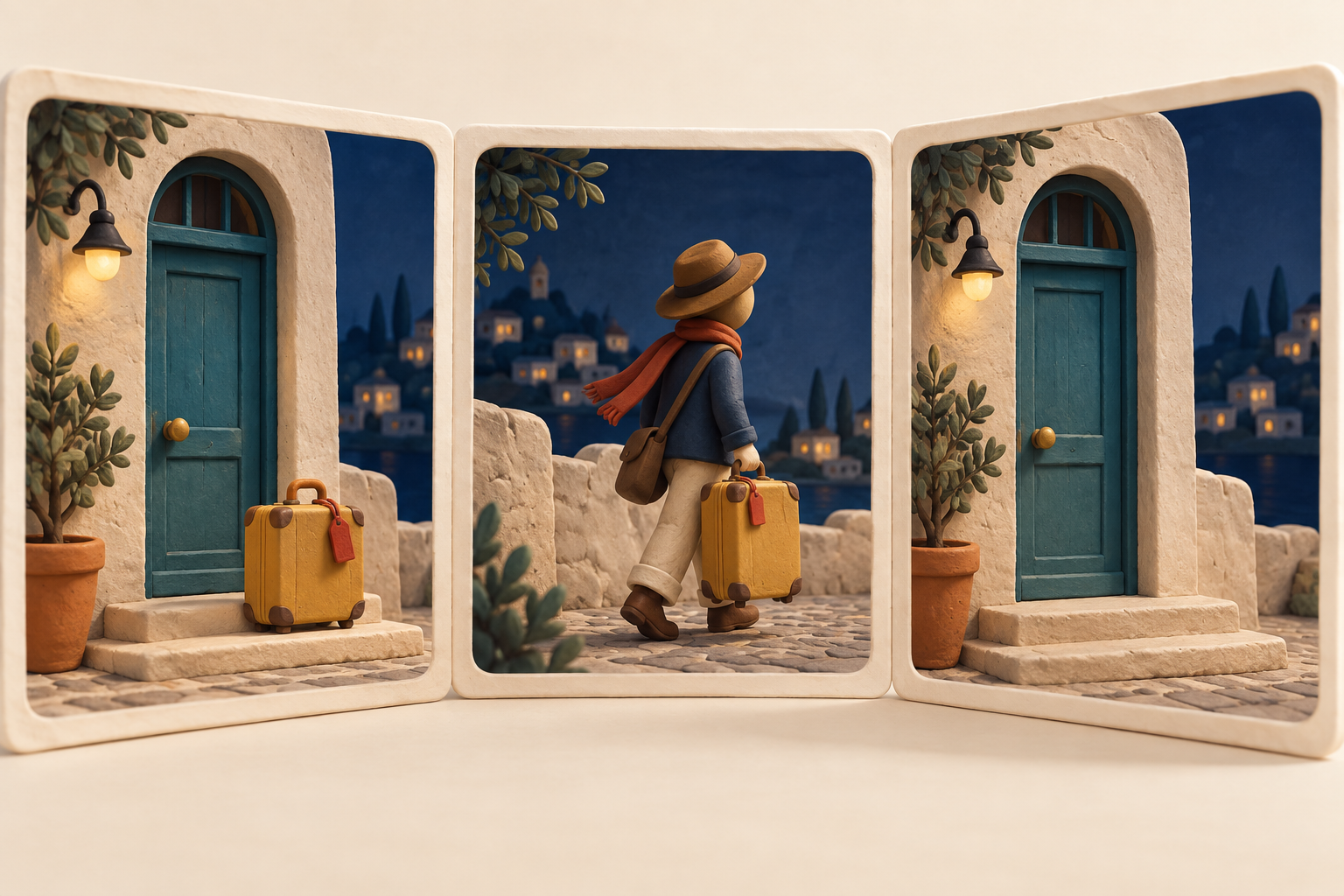 Three conceptual storyboard panels show a yellow suitcase beside a teal doorway, carried away, and absent on a return visit.