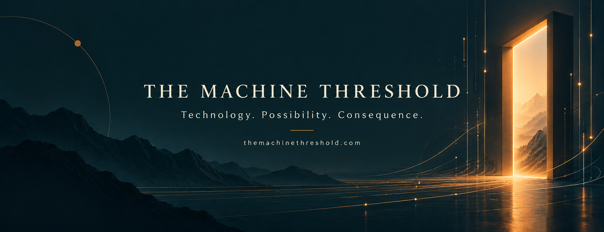 The Machine Threshold. Technology. Possibility. Consequence. A glowing doorway into a mountain landscape.