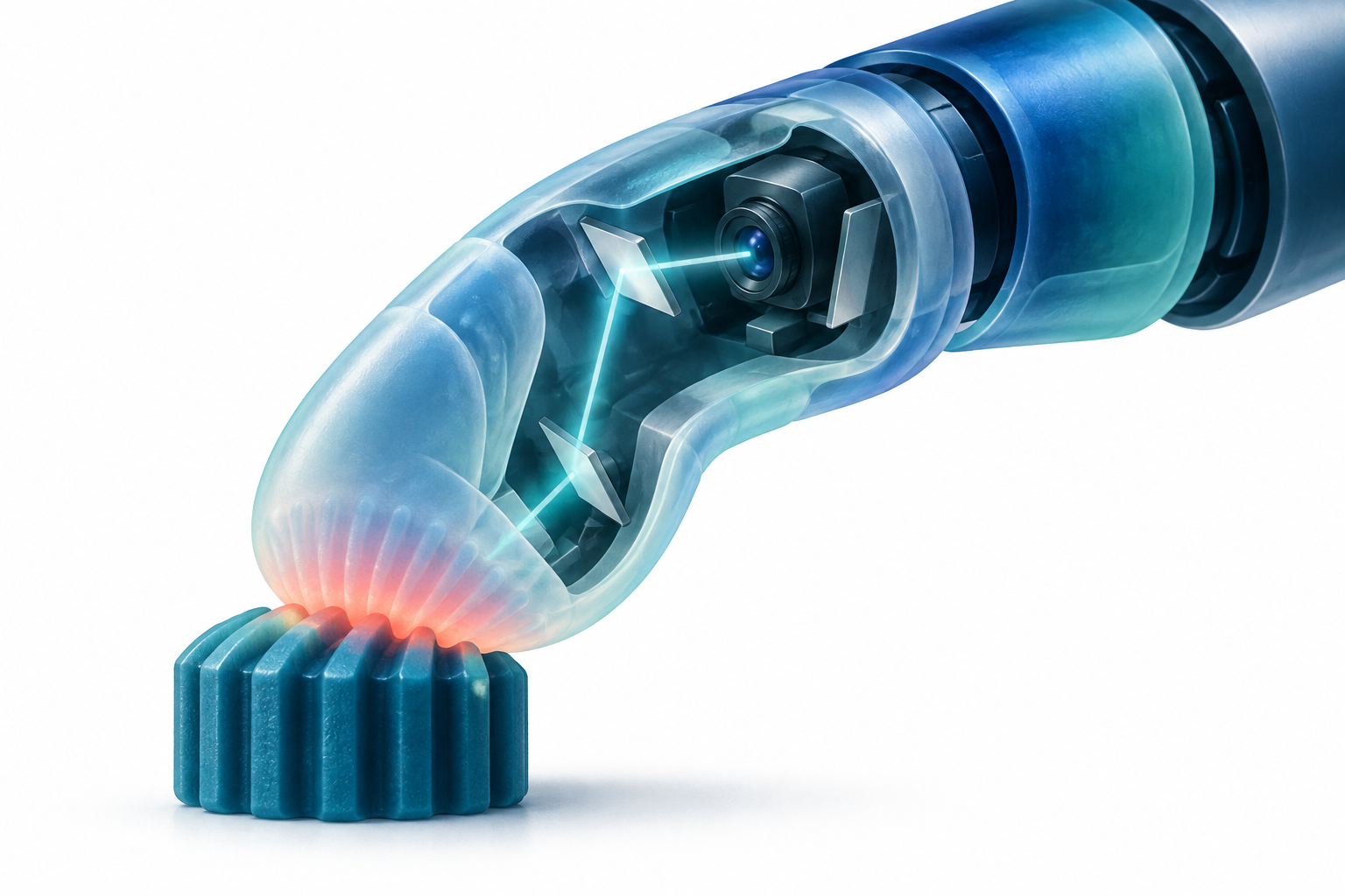 Concept cutaway of a curved blue tactile finger touching a ridged object, with an internal optical path suggested.