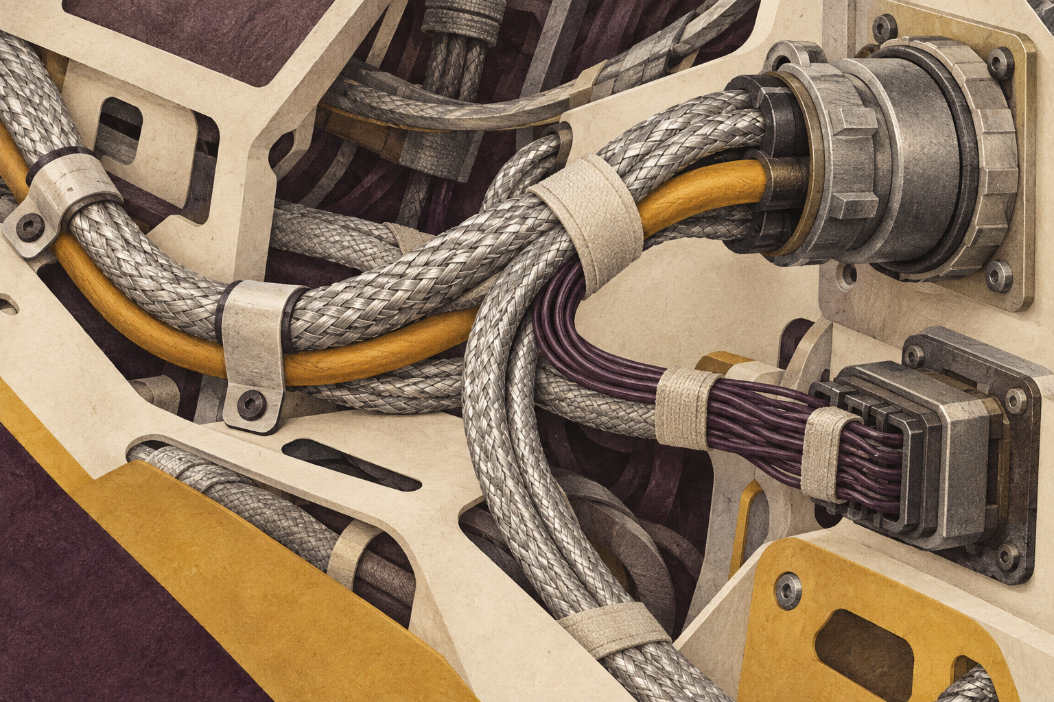 Conceptual close-up of braided silver wiring and connectors weaving around ivory insulation panels