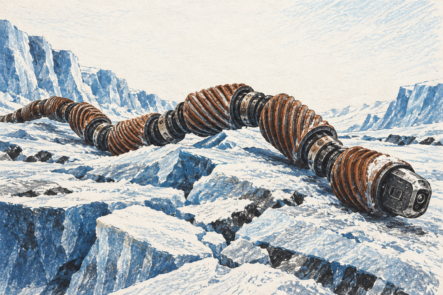 Conceptual colored-pencil illustration of a screw-driven snake robot crossing uneven cobalt-blue glacier ice