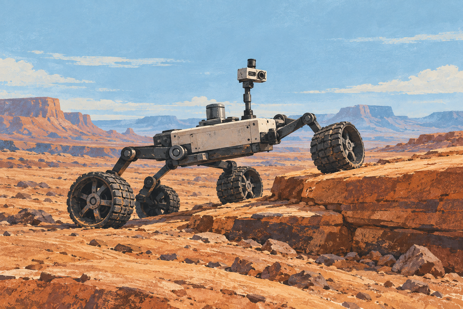 Conceptual four-wheel rover with articulated joints lifting one wheel onto an ochre rock step