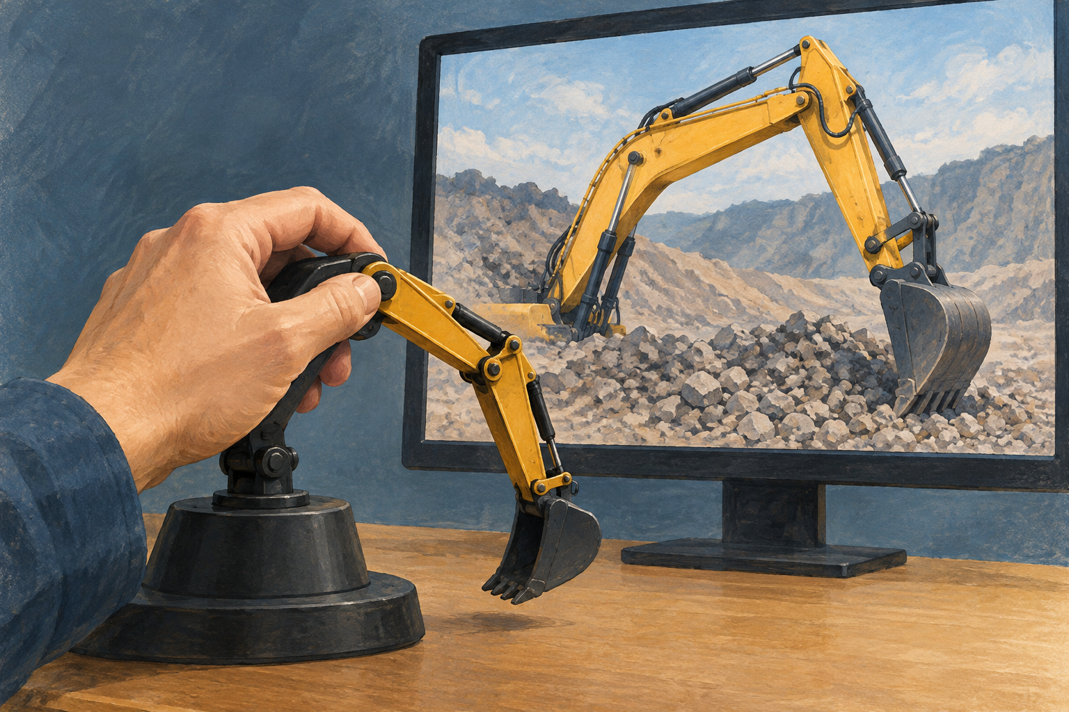 Conceptual illustration of a hand moving a miniature excavator arm beside a simulator display