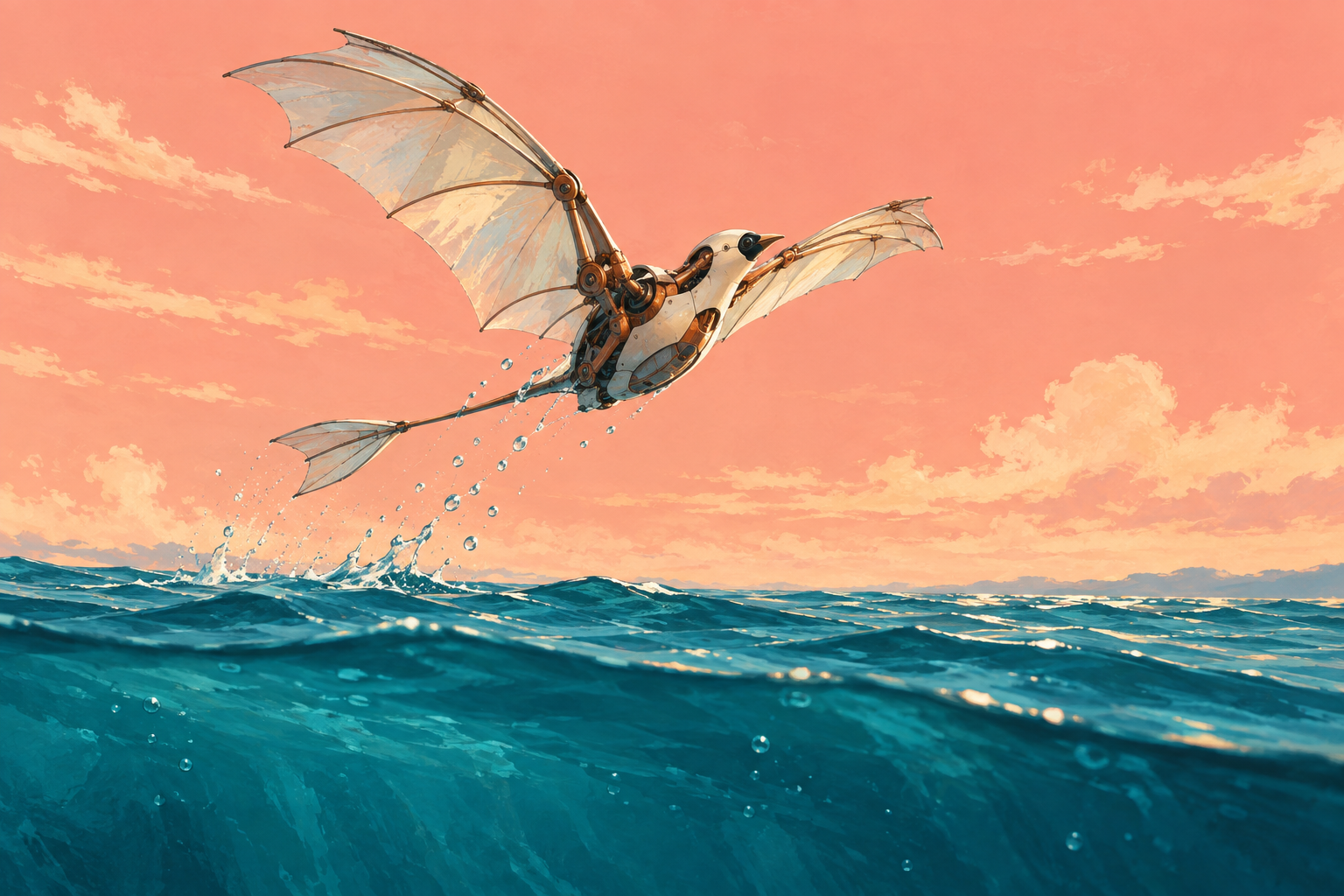 Conceptual illustration of a mechanical birdlike robot lifting above turquoise water on flexible membrane wings