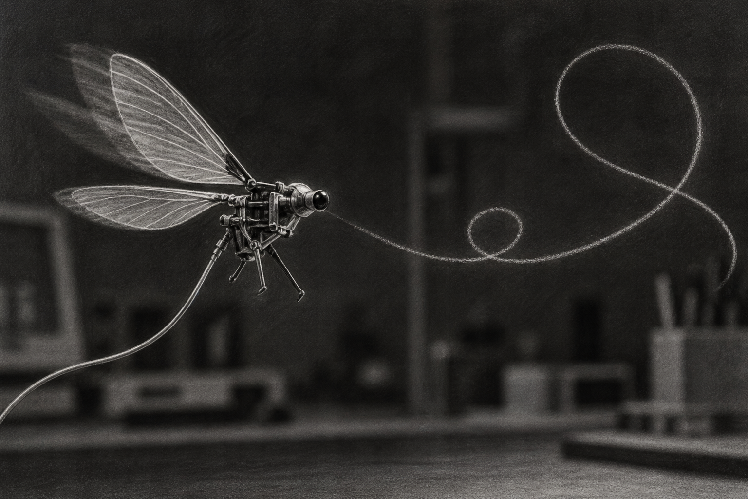 Conceptual tiny flapping-wing robot with a thin tether beside an illustrative looping flight path