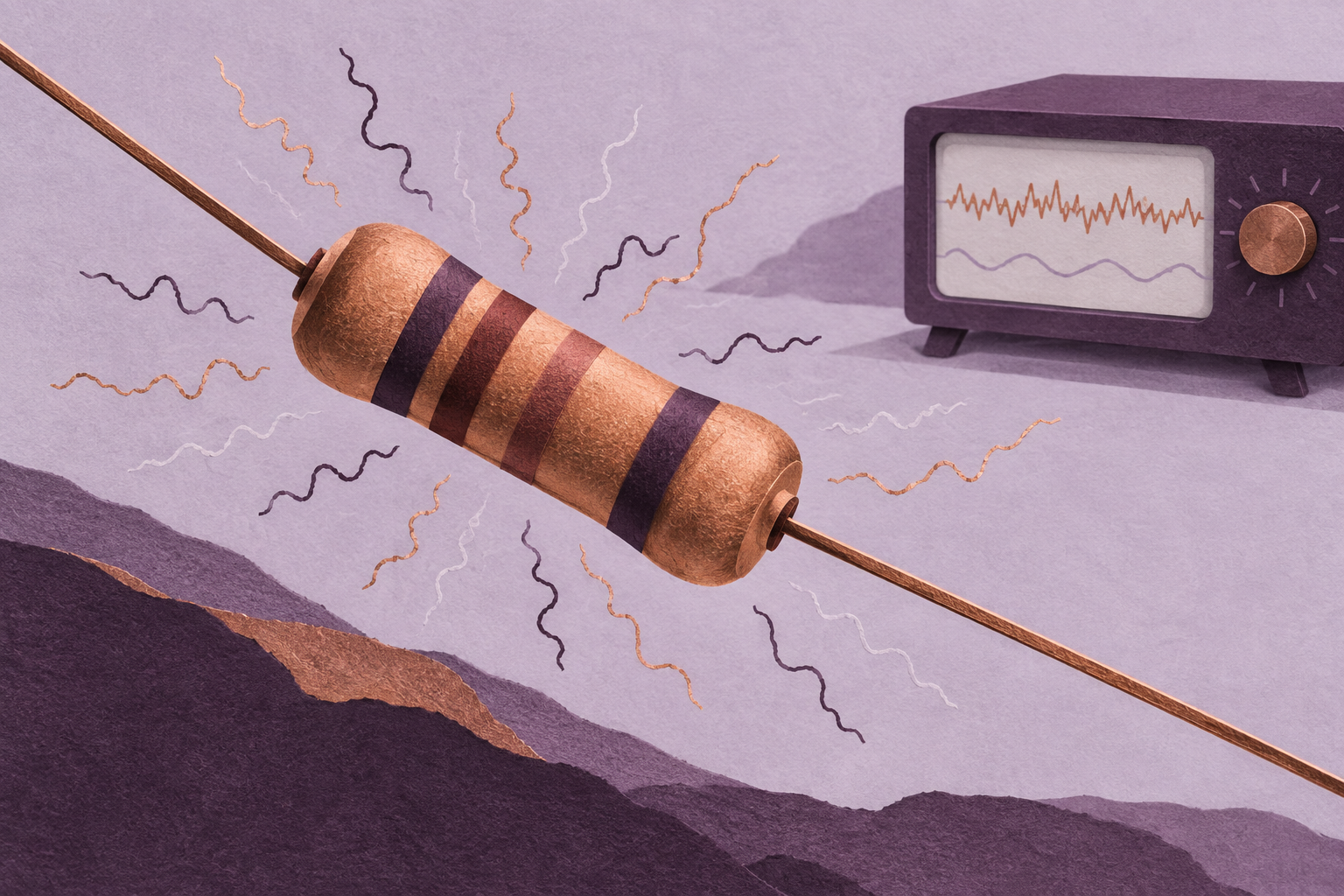 Conceptual copper resistor surrounded by irregular traces beside a purple signal instrument