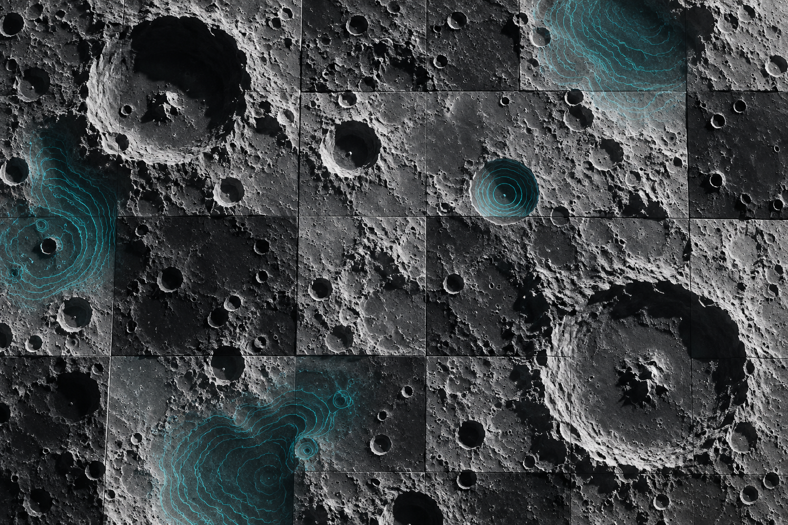 Conceptual lunar terrain tiles with cyan mapping contours