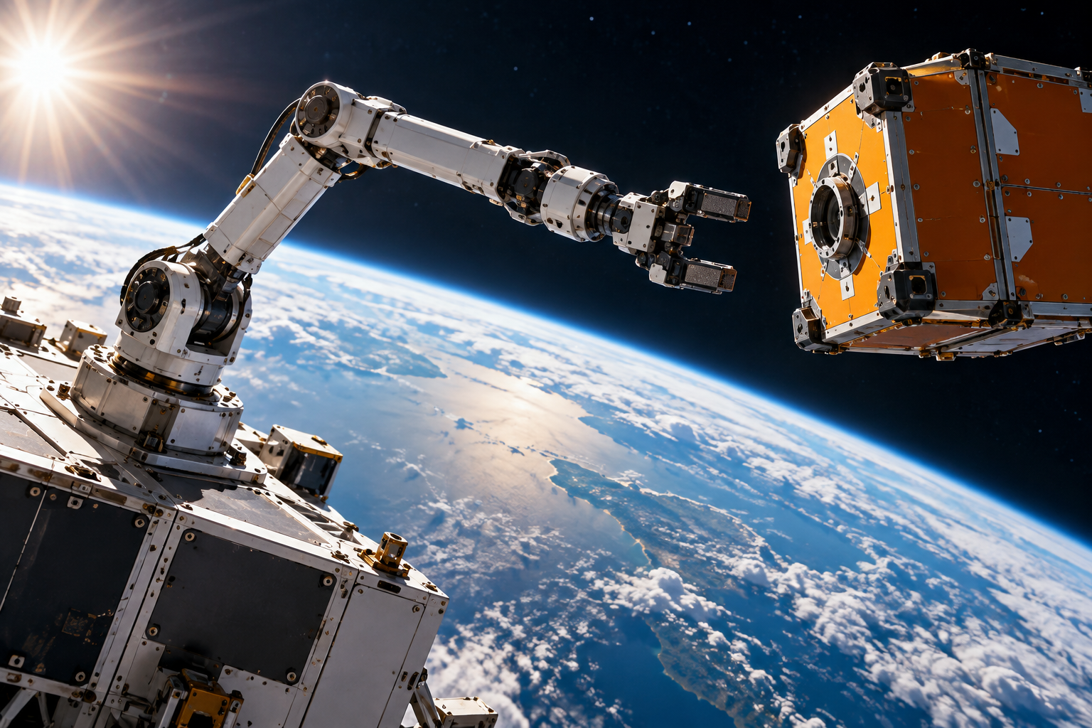Conceptual robotic arm reaching toward an orange module above Earth