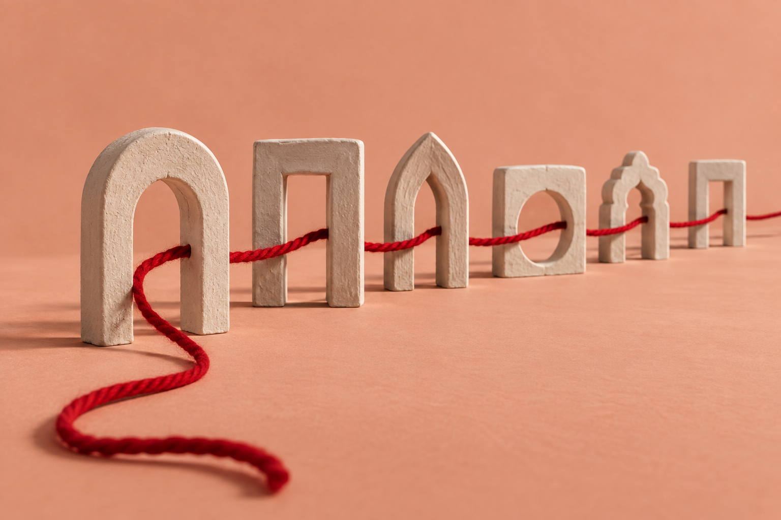 One red thread passes through a row of separate ceramic doorways