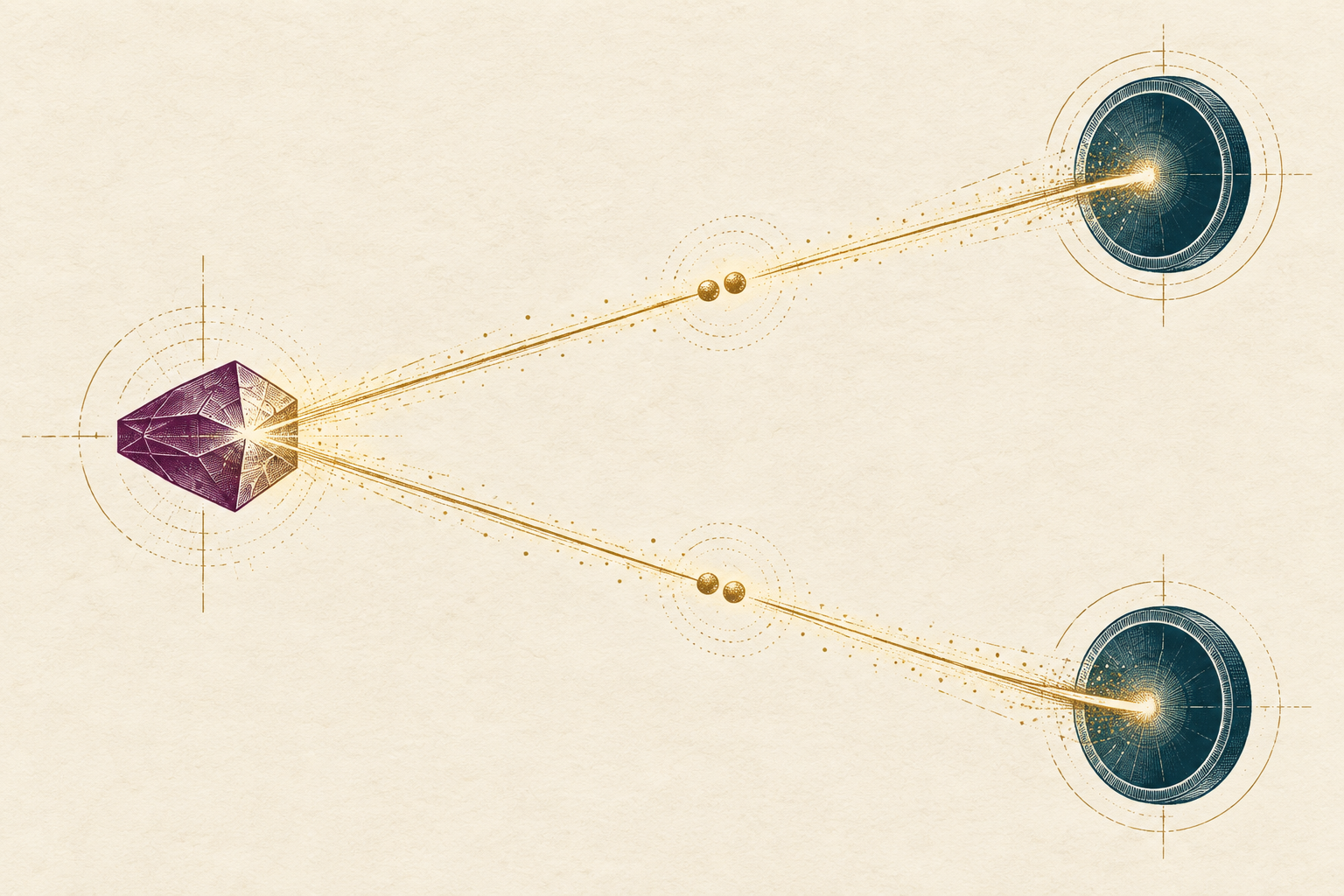 Concept engraving of a plum crystal and two gold light paths ending at teal detector apertures.