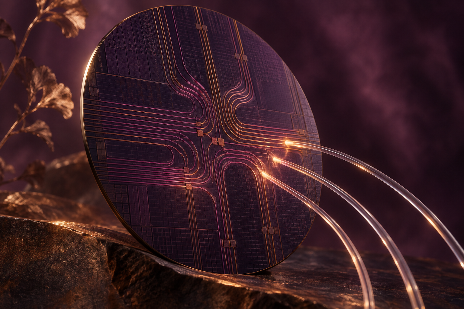Conceptual purple wafer with etched pathways and three curved glass fibers