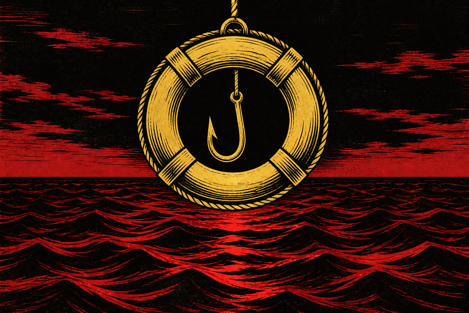 A fishing hook hidden within a golden lifebuoy above dark red water