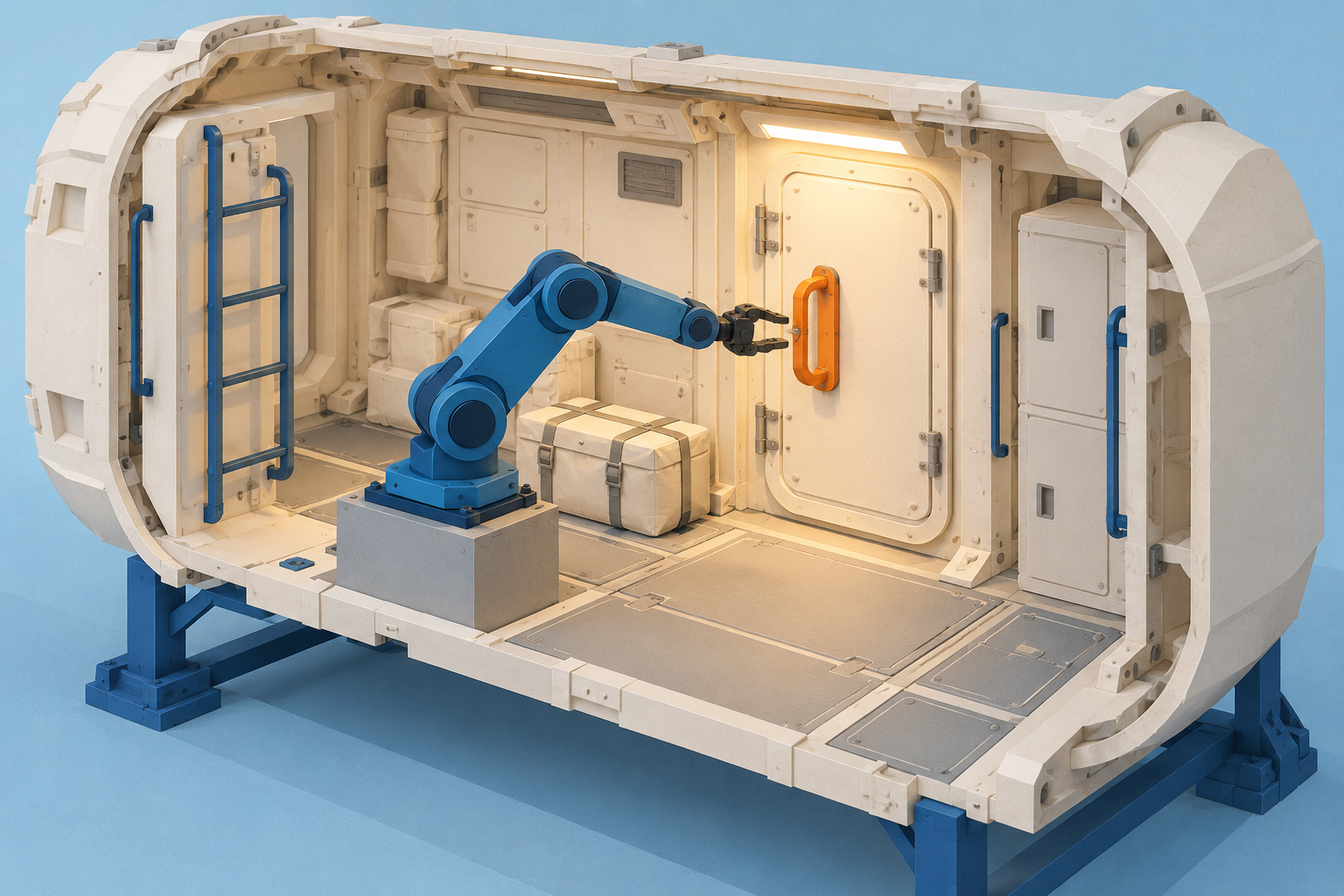 Concept illustration of a blue robot arm reaching toward an orange hatch handle inside a cream habitat mockup.