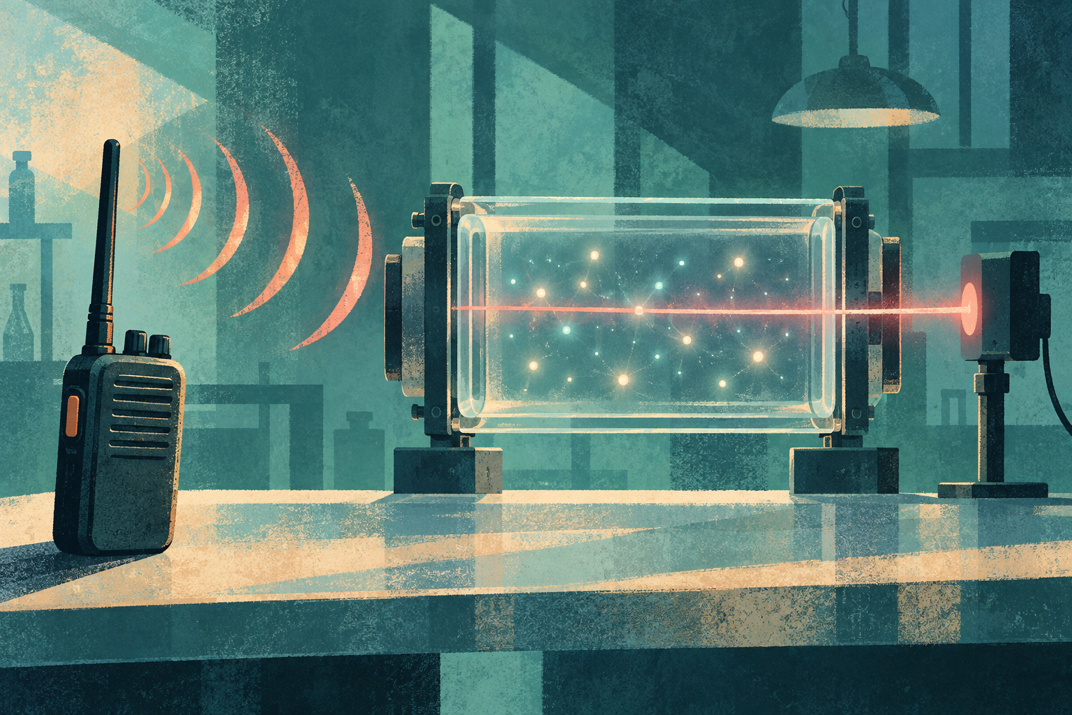 Conceptual teal and coral illustration of a handheld radio transmitting toward a glass vapor cell crossed by laser light