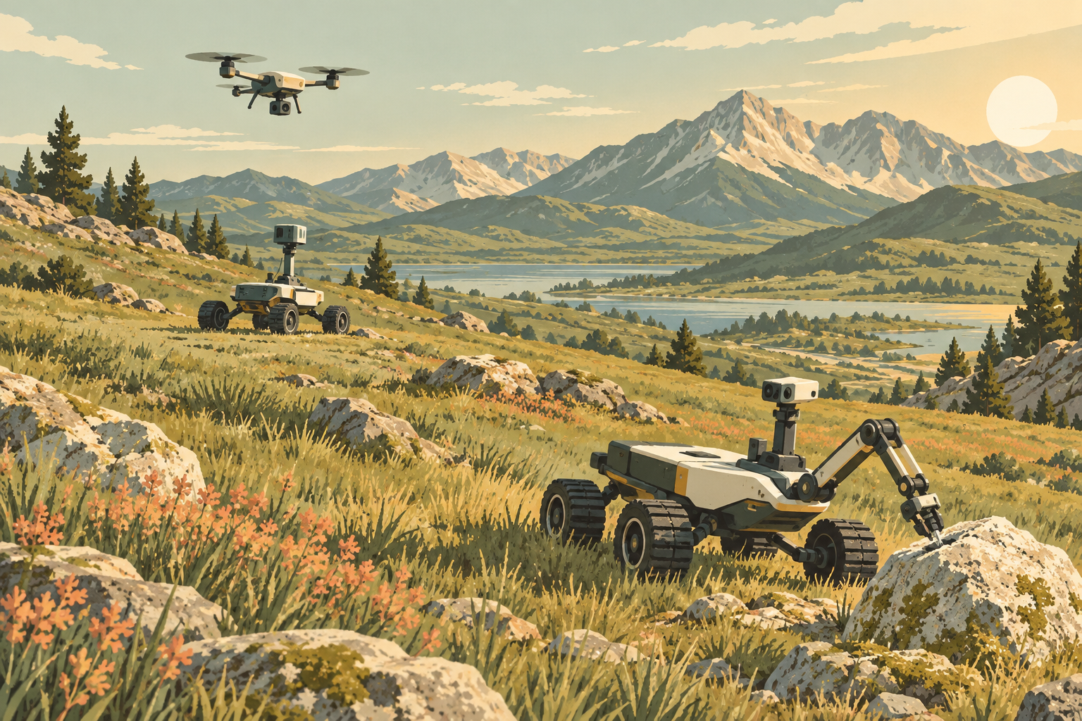 Conceptual Earth landscape with a scouting drone, mapping rover and sampling rover