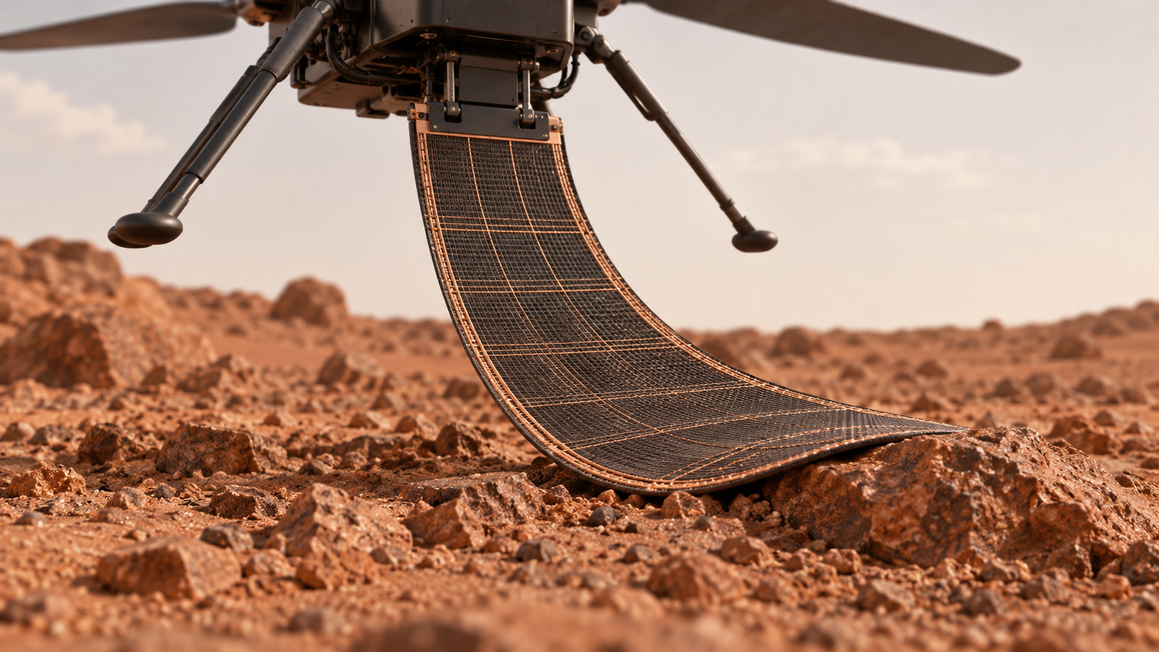 Conceptual view of a flexible mesh antenna bending against rocky ground below a generic robotic helicopter