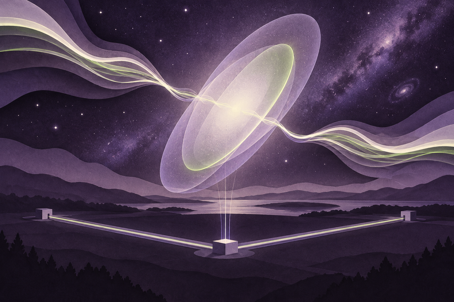 Conceptual lavender illustration of a luminous oval uncertainty cloud above a generic two-arm detector