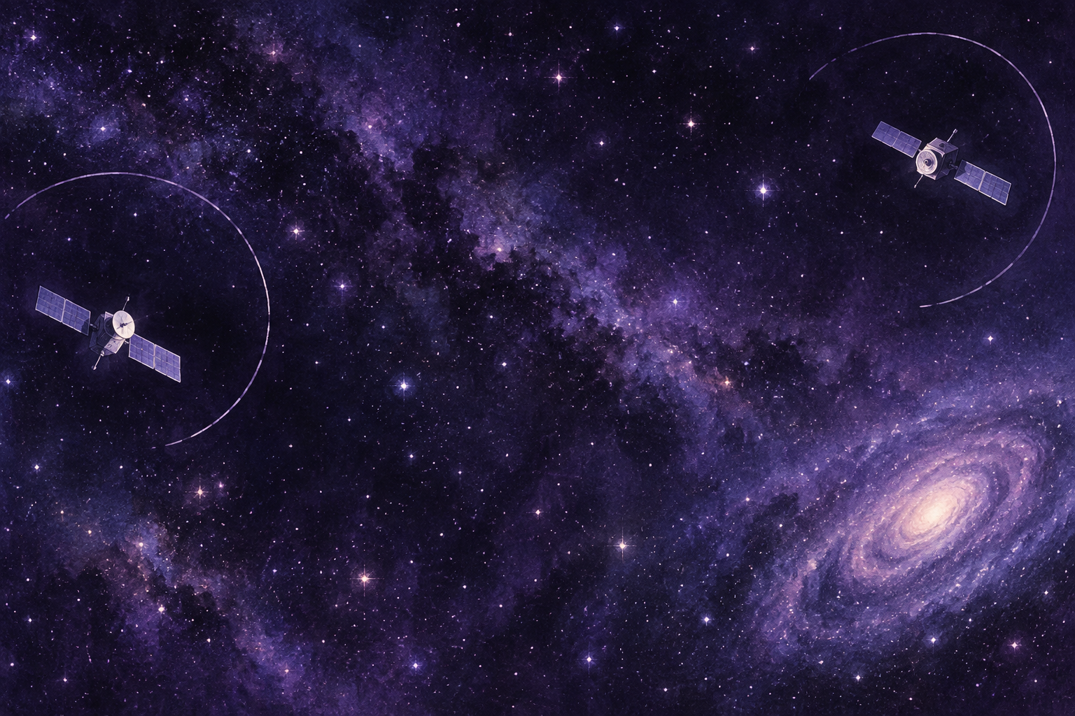 Two generic satellite silhouettes remain widely separated in a violet star field