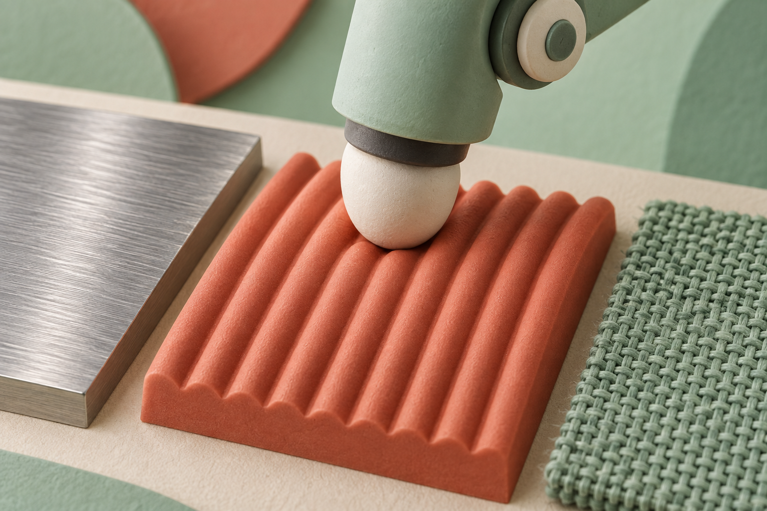 Sculptural robotic sensor presses a ribbed coral sample beside metal and woven material swatches