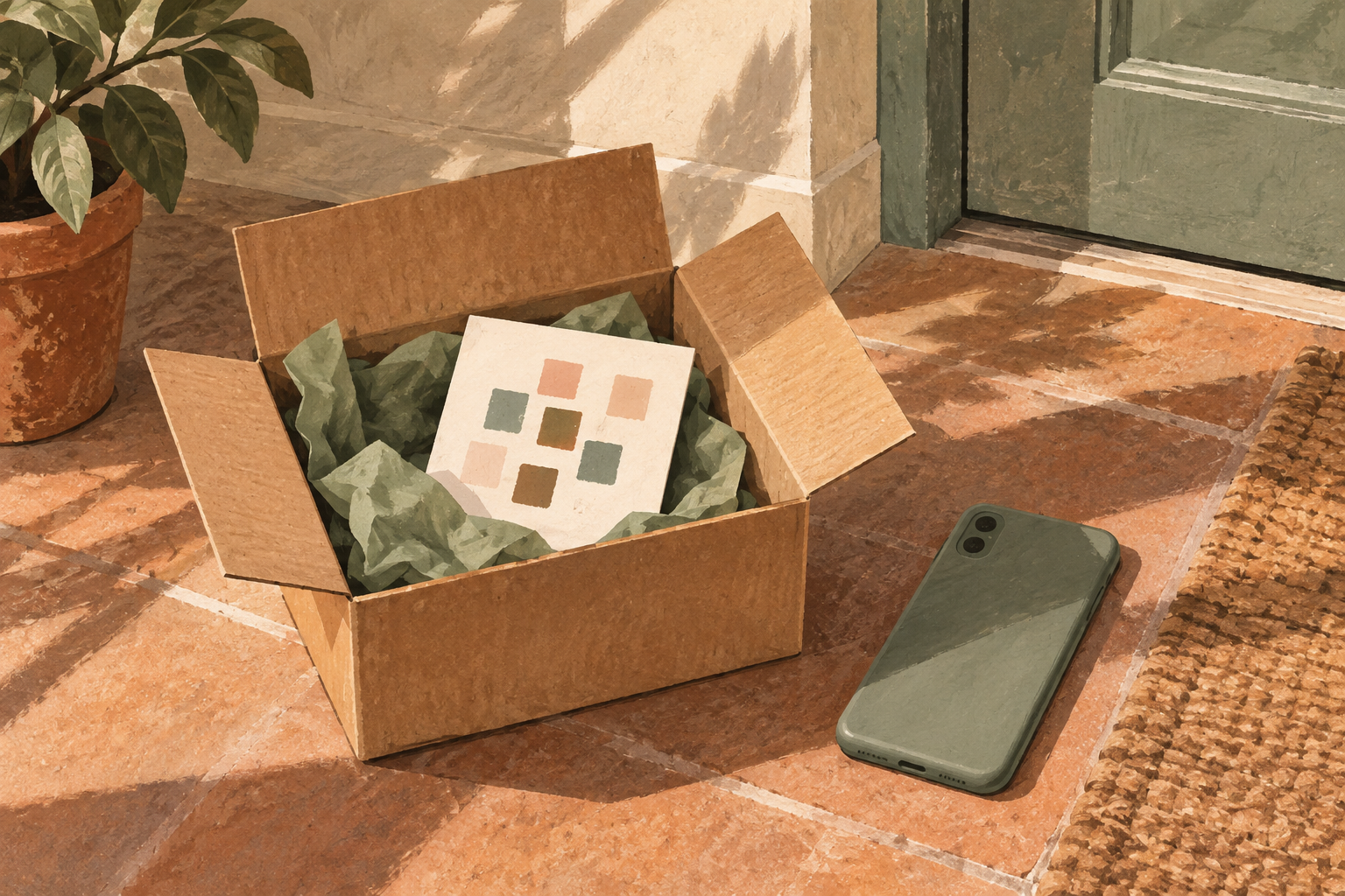 Painted open parcel with an abstract square-pattern card and a phone lying face down