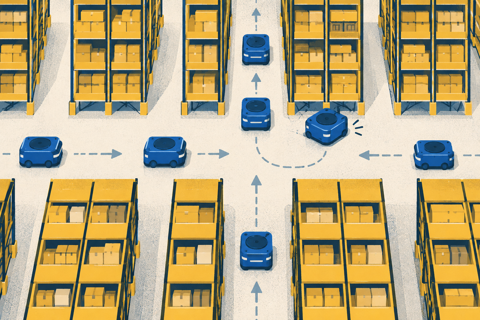 Stylized blue warehouse robots meet at a cross-aisle between yellow shelves
