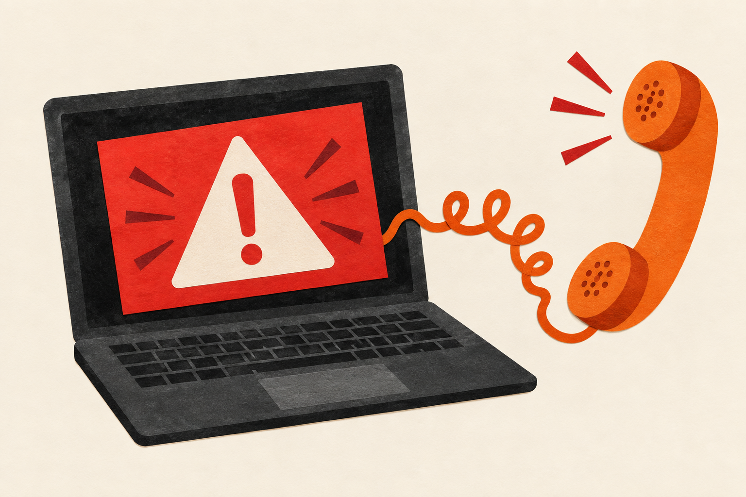 Cut-paper laptop with a red warning panel beside an orange telephone handset
