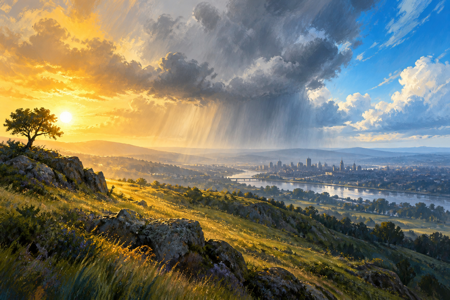 Painted hillside and town beneath overlapping possible skies in gold, grey and blue